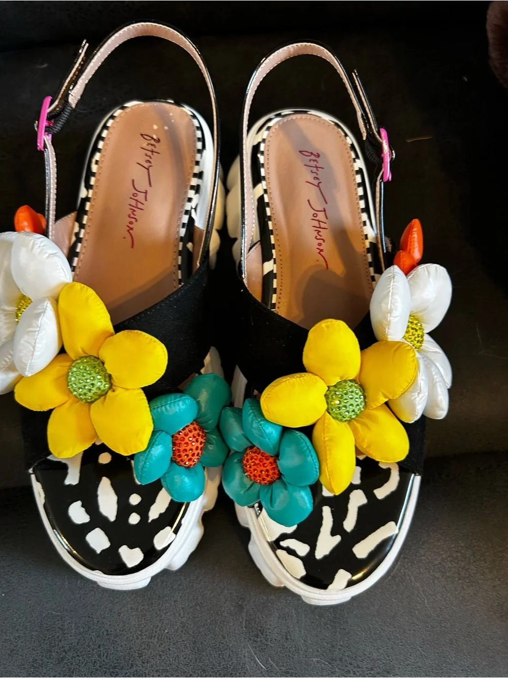 Betsey Johnson Women’s Kinslee Platform Sandals Black Floral Sandals with Yellow - Picture 2 of 5